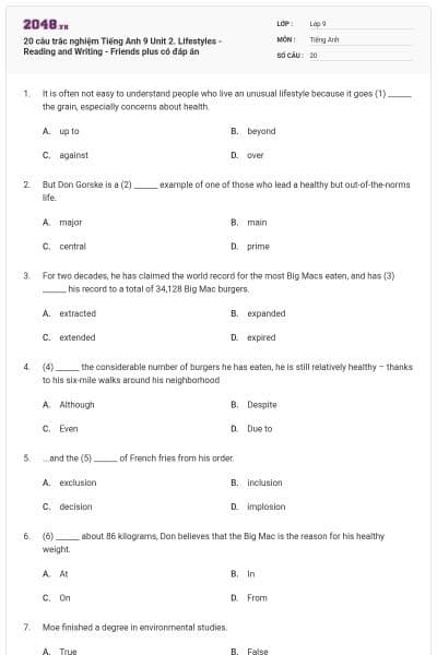 20 câu trắc nghiệm Tiếng Anh 9 Unit 2. Lifestyles - Reading and Writing - Friends plus có đáp án
