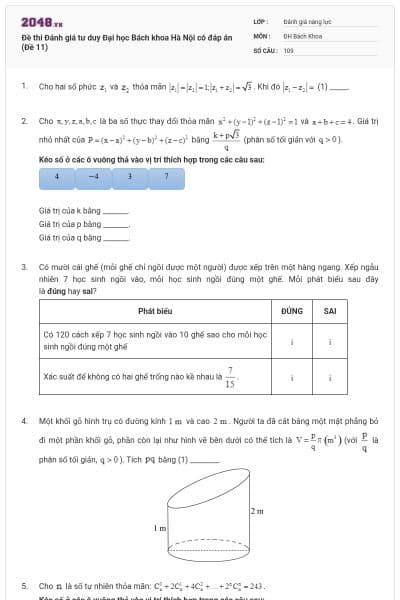 Đề thi Đánh giá tư duy Đại học Bách khoa Hà Nội có đáp án (Đề 11)