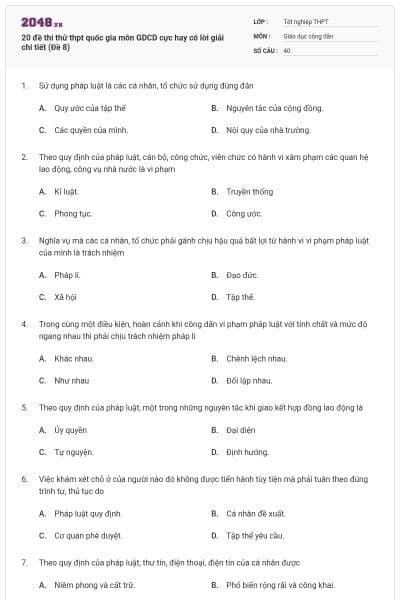 20 đề thi thử thpt quốc gia môn GDCD cực hay có lời giải chi tiết (Đề 8)