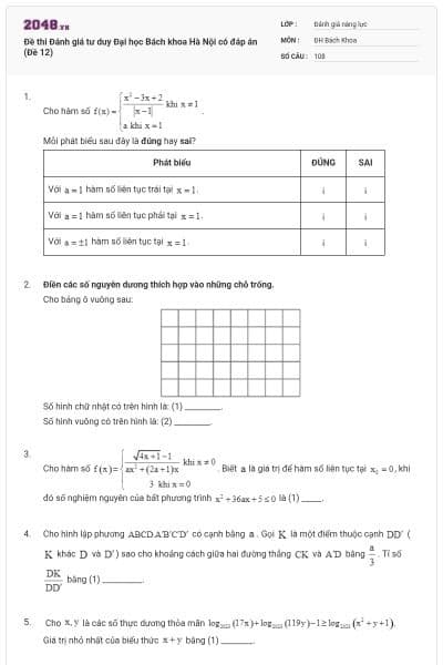 Đề thi Đánh giá tư duy Đại học Bách khoa Hà Nội có đáp án (Đề 12)