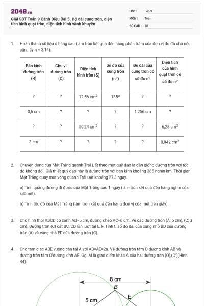 Giải SBT Toán 9 Cánh Diều Bài 5. Độ dài cung tròn, diện tích hình quạt tròn, diện tích hình vành khuyên