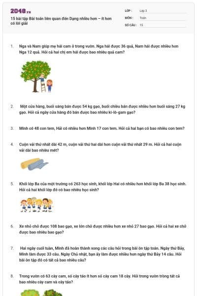 15 bài tập Bài toán liên quan đến  Dạng nhiều hơn – ít hơn có lời giải