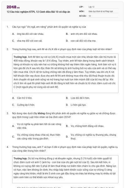 12 Câu trắc nghiệm KTPL 12 Cánh diều Bài 10 có đáp án