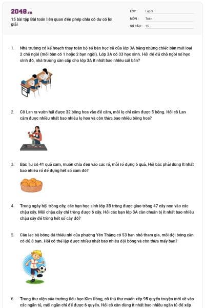 15 bài tập Bài toán liên quan đến phép chia có dư có lời giải