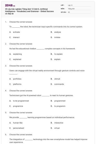 20 câu trắc nghiệm Tiếng Anh 12 Unit 6. Artificial intelligence - Vocabulary and Grammar - Global Success có đáp án