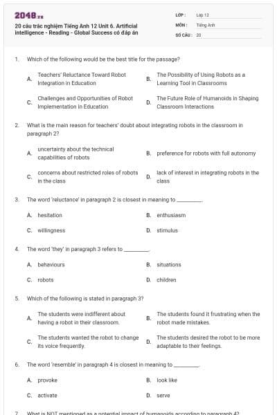 20 câu trắc nghiệm Tiếng Anh 12 Unit 6. Artificial intelligence - Reading - Global Success có đáp án