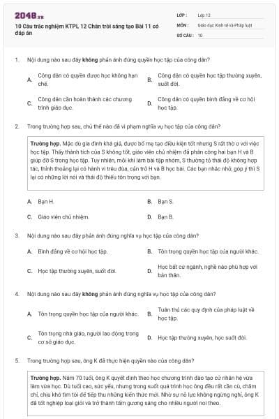 10 Câu trắc nghiệm KTPL 12 Chân trời sáng tạo Bài 11 có đáp án
