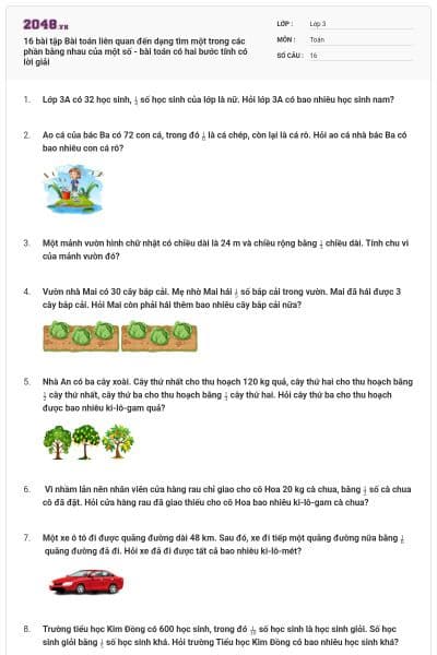 16 bài tập Bài toán liên quan đến dạng tìm một trong các phần bằng nhau của một số - bài toán có hai bước tính có lời giải