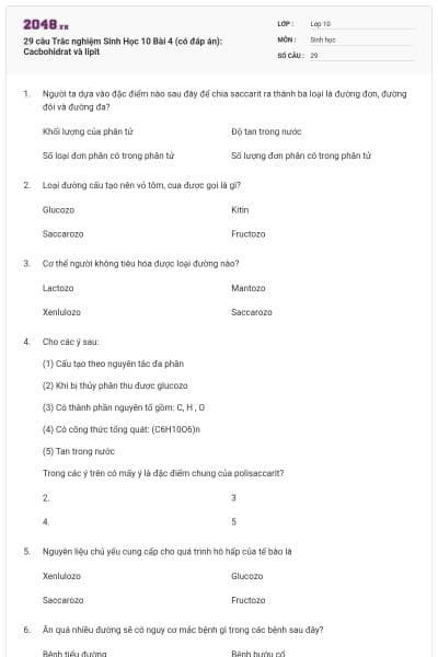 29 câu Trắc nghiệm Sinh Học 10 Bài 4 (có đáp án): Cacbohidrat và lipit
