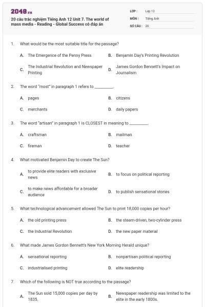 20 câu trắc nghiệm Tiếng Anh 12 Unit 7. The world of mass media - Reading - Global Success có đáp án