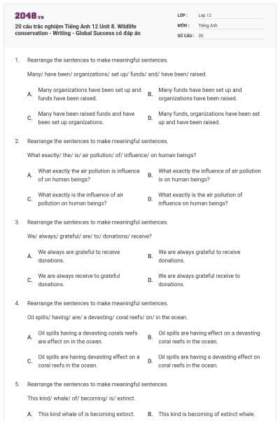 20 câu trắc nghiệm Tiếng Anh 12 Unit 8. Wildlife conservation - Writing - Global Success có đáp án