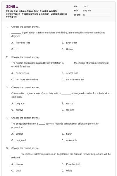 20 câu trắc nghiệm Tiếng Anh 12 Unit 8. Wildlife conservation - Vocabulary and Grammar - Global Success có đáp án