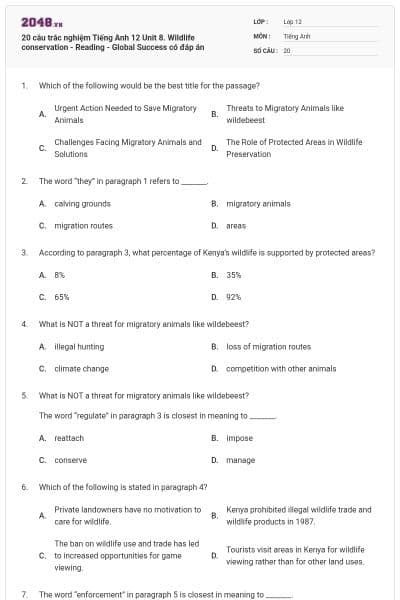 20 câu trắc nghiệm Tiếng Anh 12 Unit 8. Wildlife conservation - Reading - Global Success có đáp án