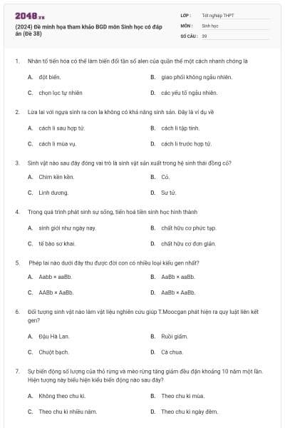 (2024) Đề minh họa tham khảo BGD môn Sinh học có đáp án (Đề 38)