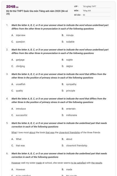 Đề thi thử THPT Quốc Gia môn Tiếng anh năm 2020 (Đề số 25)