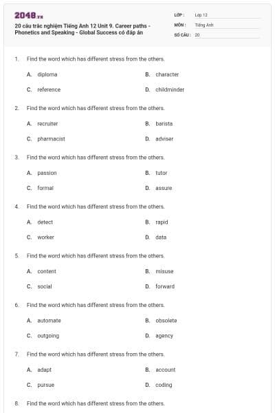 20 câu trắc nghiệm Tiếng Anh 12 Unit 9. Career paths - Phonetics and Speaking - Global Success có đáp án