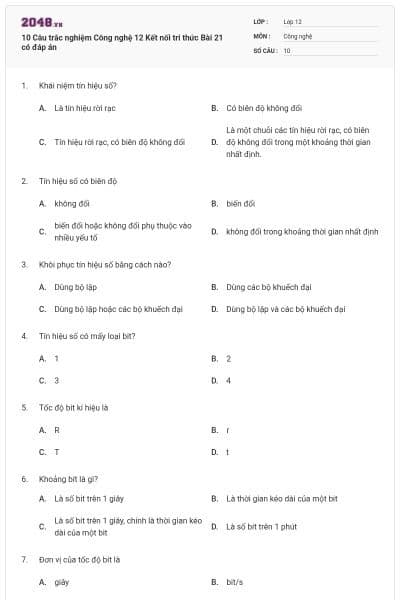 10 Câu trắc nghiệm Công nghệ 12 Kết nối tri thức Bài 21 có đáp án