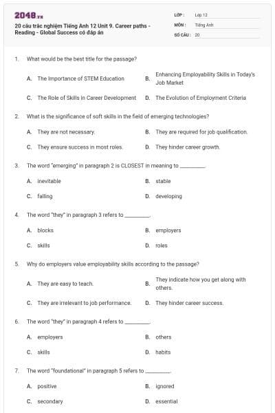 20 câu trắc nghiệm Tiếng Anh 12 Unit 9. Career paths - Reading - Global Success có đáp án