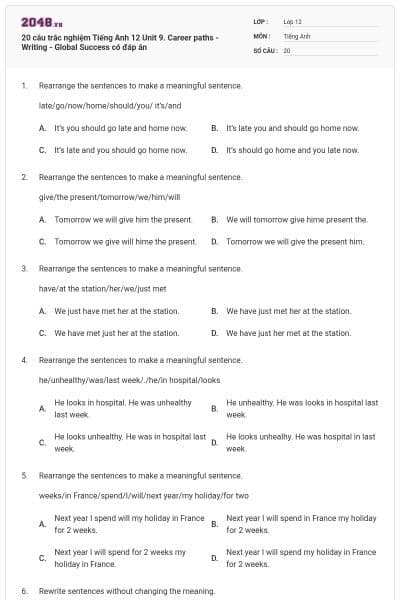 20 câu trắc nghiệm Tiếng Anh 12 Unit 9. Career paths - Writing - Global Success có đáp án