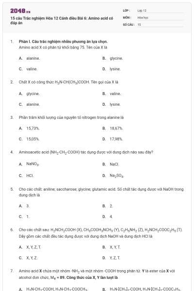 15 câu Trắc nghiệm Hóa 12 Cánh diều Bài 6: Amino acid có đáp án