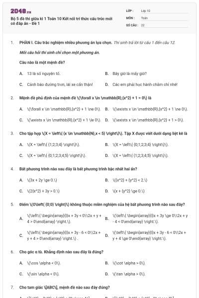 Bộ 5 đề thi giữa kì 1 Toán 10 Kết nối tri thức cấu trúc mới có đáp án - Đề 1