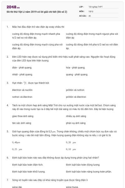 Đề thi thử Vật Lí năm 2019 có lời giải chi tiết (Đề số 2)