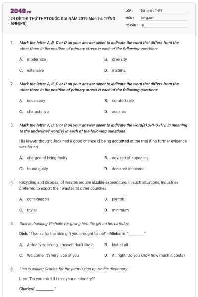 24 ĐỀ THI THỬ THPT QUỐC GIA NĂM 2019 Môn thi: TIẾNG ANH(P8)