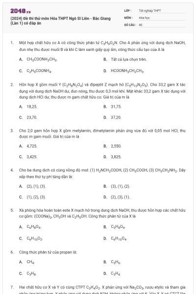 (2024) Đề thi thử môn Hóa THPT Ngô Sĩ Liên - Bắc Giang (Lần 1) có đáp án