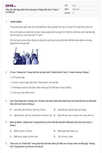 Tiêu đề: Bài tập phát triển năng lực Tiếng Việt lớp 3 Tuần 1 có đáp án