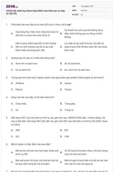 (2024) Đề minh họa tham khảo BGD môn Sinh học có đáp án (Đề 39)