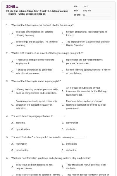 20 câu trắc nghiệm Tiếng Anh 12 Unit 10. Lifelong learning - Reading - Global Success có đáp án
