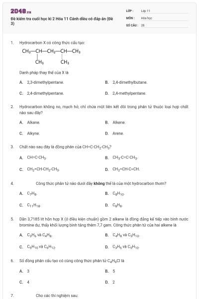 Đề kiểm tra cuối học kì 2 Hóa 11 Cánh diều có đáp án (Đề 3)