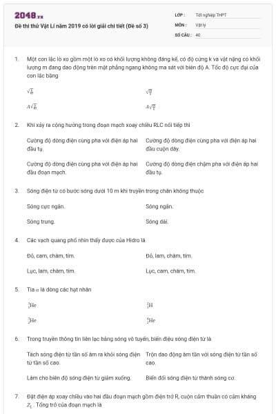 Đề thi thử Vật Lí năm 2019 có lời giải chi tiết (Đề số 3)