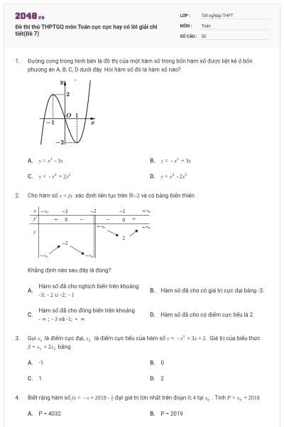 Đề thi thử THPTGQ môn Toán cực cực hay có lời giải chi tiết(Đề 7)