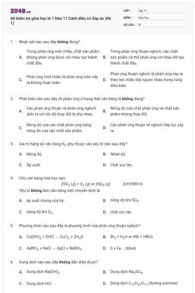 Đề kiểm tra giữa học kì 1 Hóa 11 Cánh diều có đáp án (Đề 1)