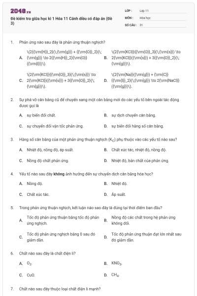 Đề kiểm tra giữa học kì 1 Hóa 11 Cánh diều có đáp án (Đề 3)