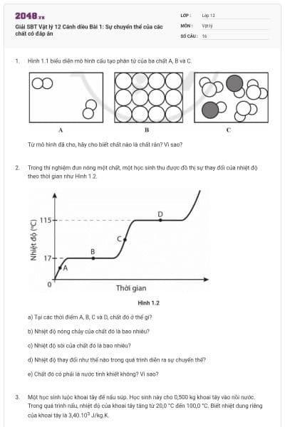Giải SBT Vật lý 12 Cánh diều Bài 1: Sự chuyển thể của các chất có đáp án