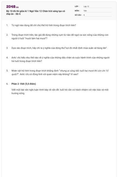 Bộ 10 đề thi giữa kì 1 Ngữ Văn 12 Chân trời sáng tạo có đáp án - Đề 6