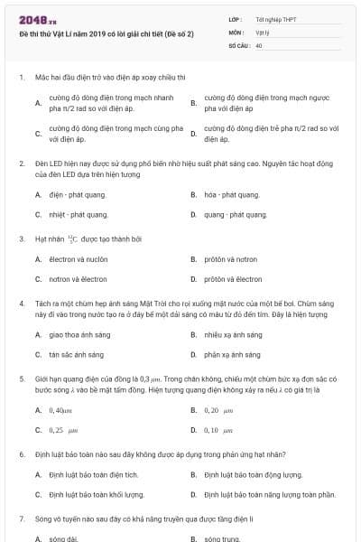 Đề thi thử Vật Lí năm 2019 có lời giải chi tiết (Đề số 2)