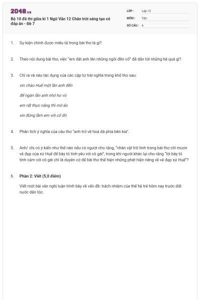 Bộ 10 đề thi giữa kì 1 Ngữ Văn 12 Chân trời sáng tạo có đáp án - Đề 7