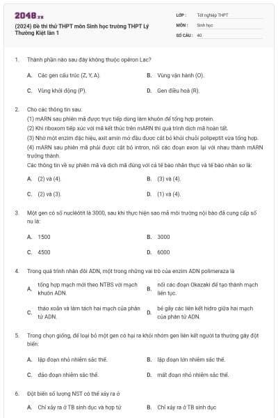 (2024) Đề thi thử THPT môn Sinh học trường THPT Lý Thường Kiệt lần 1