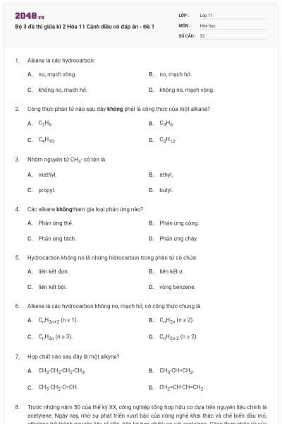 Bộ 3 đề thi giữa kì 2 Hóa 11 Cánh diều có đáp án - Đề 1