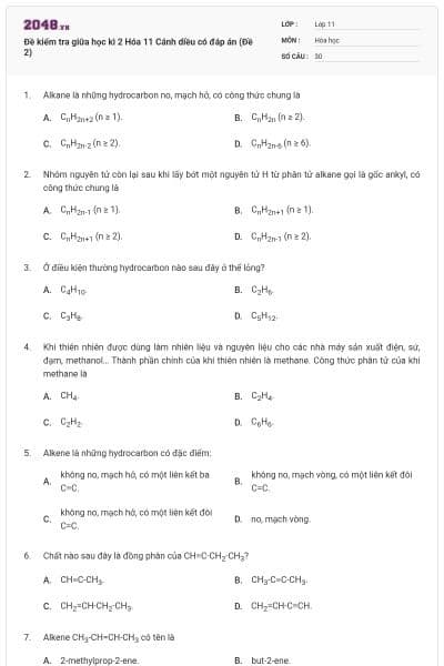 Đề kiểm tra giữa học kì 2 Hóa 11 Cánh diều có đáp án (Đề 2)