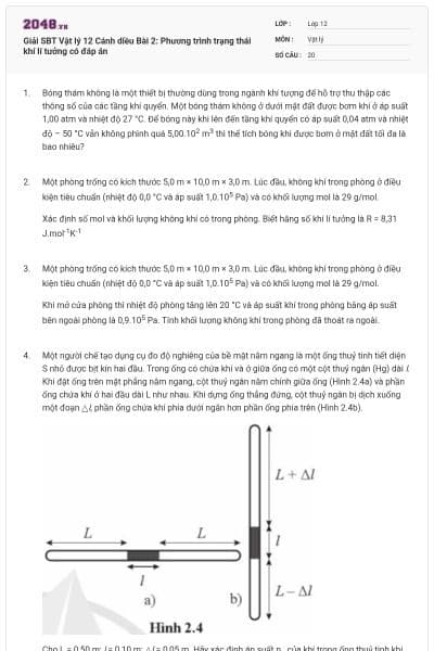 Giải SBT Vật lý 12 Cánh diều Bài 2: Phương trình trạng thái khí lí tưởng có đáp án
