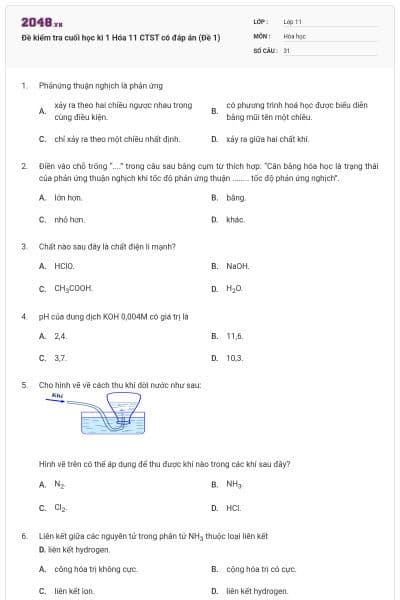 Đề kiểm tra cuối học kì 1 Hóa 11 CTST có đáp án (Đề 1)
