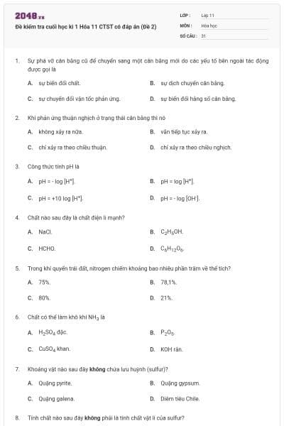 Đề kiểm tra cuối học kì 1 Hóa 11 CTST có đáp án (Đề 2)