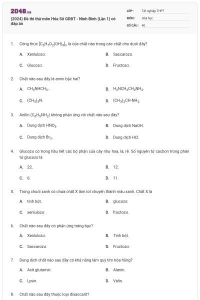 (2024) Đề thi thử môn Hóa Sở GDĐT - Ninh Bình (Lần 1) có đáp án
