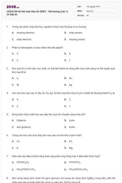 (2024) Đề thi thử môn Hóa Sở GDĐT - Hải Dương (Lần 1) có đáp án