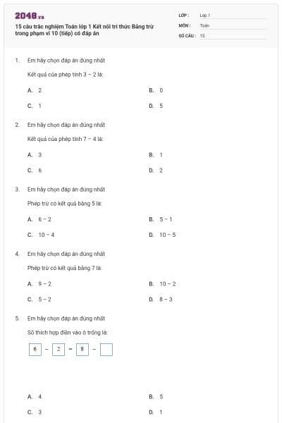 15 câu trắc nghiệm Toán lớp 1 Kết nối tri thức Bảng trừ trong phạm vi 10 (tiếp) có đáp án