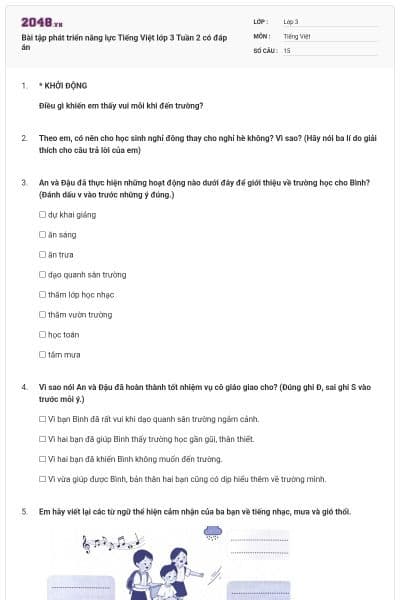 Bài tập phát triển năng lực Tiếng Việt lớp 3 Tuần 2 có đáp án